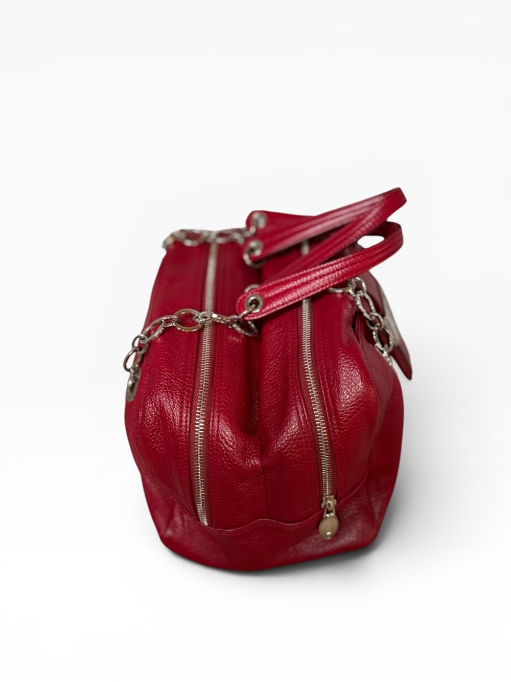 Furla Red Pebbled Genuine Leather Multi Compartment Chain Satchel Bag - Picture 5 of 10
